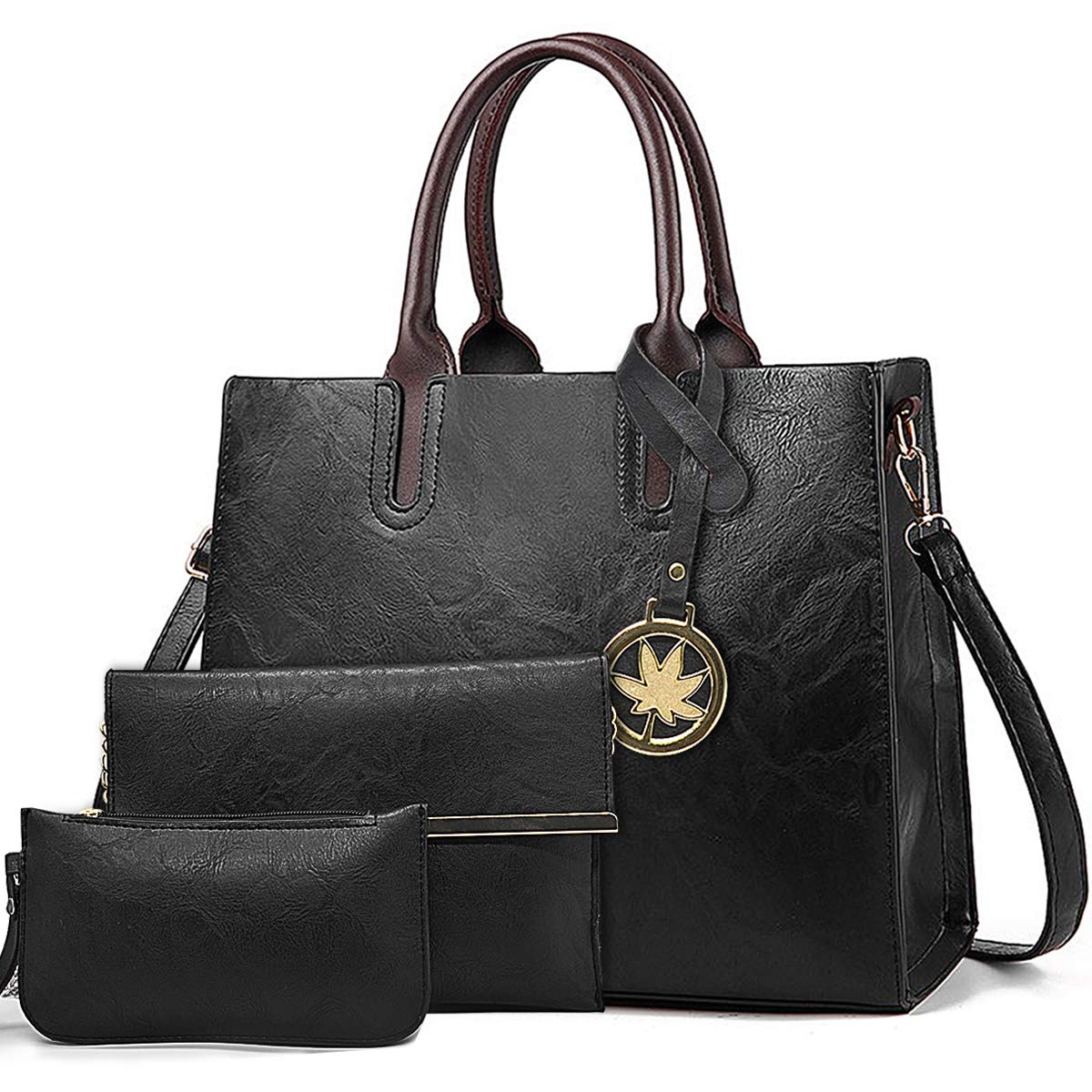 BestoU Handbags for Ladies Black Large Leather Purses for Women Tote Messenger Shoulder Crossbody Bag Set 3pcs (Black)