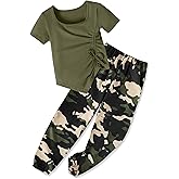 Sislerew Girls Clothes Size 8 Irregular Ruched Drawstring Short Sleeve Top and Camouflage Pants 2Pcs Girls Camo Outfits Sets
