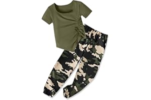 Sislerew Clothes for Girls Irregular Ruched Drawstring Short Sleeve Top and Girls Camouflage Pants 2Pcs Summer Girls Clothes
