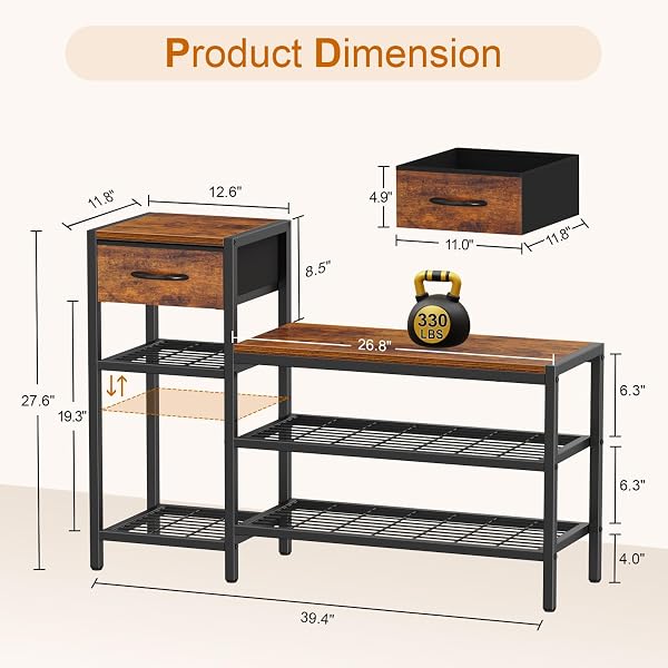 SNUGHOME 39.4″ SHOE STORAGE BENCH WITH DRAWER, 3 TIER ENTRYWAY BENCH WITH SHOE STORAGE, ADJUSTABLE SHELF SHOE RACK WITH SEATING FOR ENTRYWAY, FRONT DOOR, LIVING ROOM