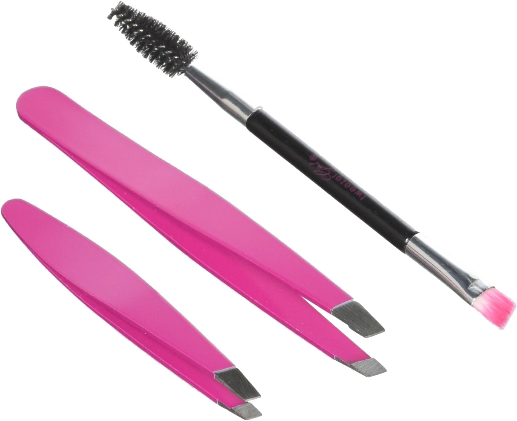 TweezerGirl Tweezers, Precision Angled Tip - Pack of Two - Professional Stainless Steel Tweezers - Tweezers for Eyebrows - Includes Bonus Spoolie and Brush for Professional Eyebrow Shaping,