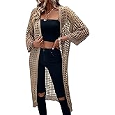 Verdusa Women's 3/4 Sleeve Long Cardigan Lightweight Hollow Out Crochet Knit Open Front Kimono Spring Outfits