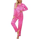 Ekouaer Women's Classic Button Down Long Satin Silk Pajama Set,Large,Rose leopard