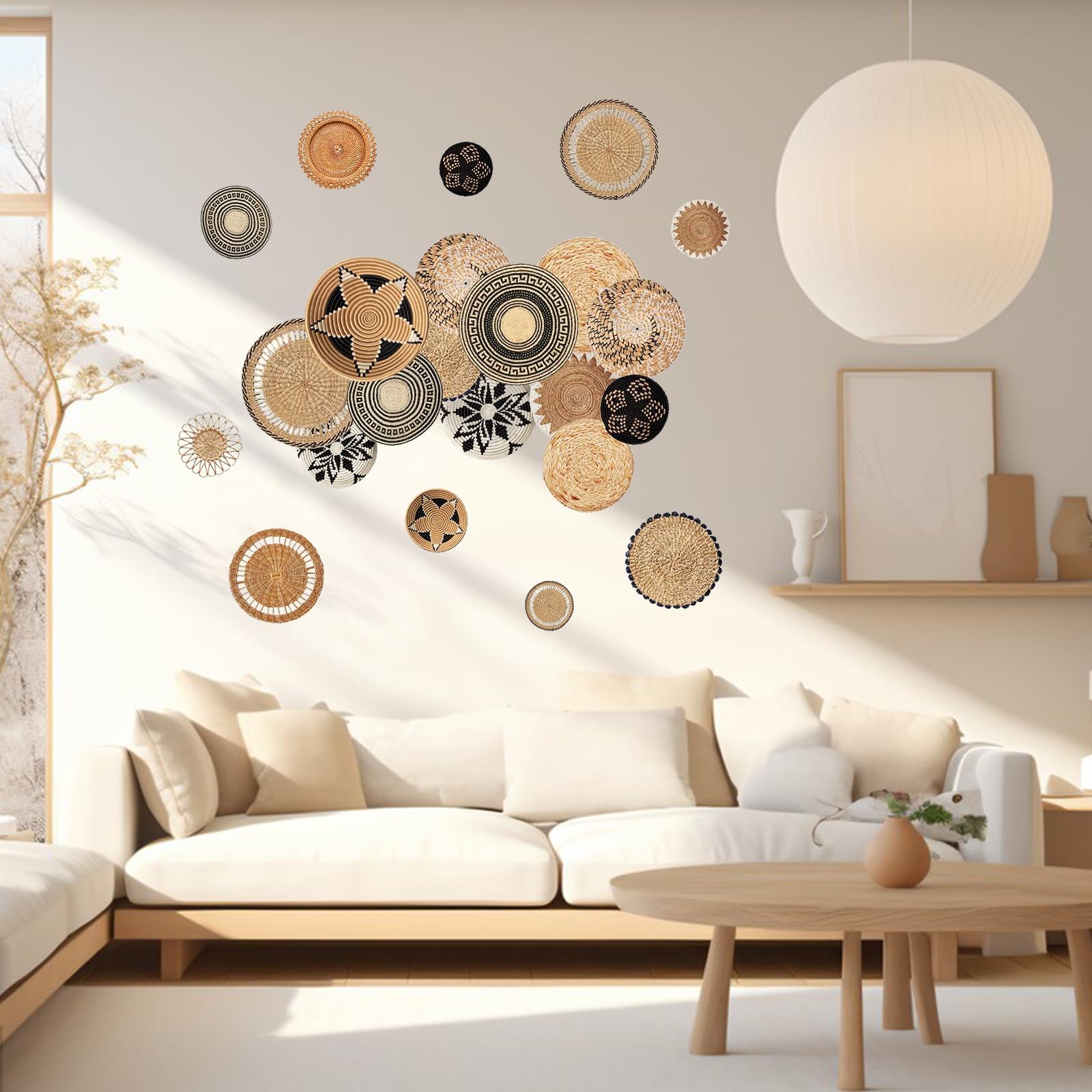 PLIGREAT 2 Sheets Boho Style Round Wall Stickers Removable Vinyl Bamboo Basket Pattern Wall Sticker for Living Room Bedroom Wall Decorations Home Indoor Furniture Wall Art Decor
