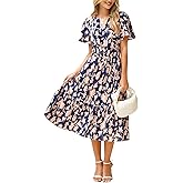 BerryGo Women's Floral Summer Short Sleeve Midi Dress V Neck Empire Waist Swing Flowy Boho Dress