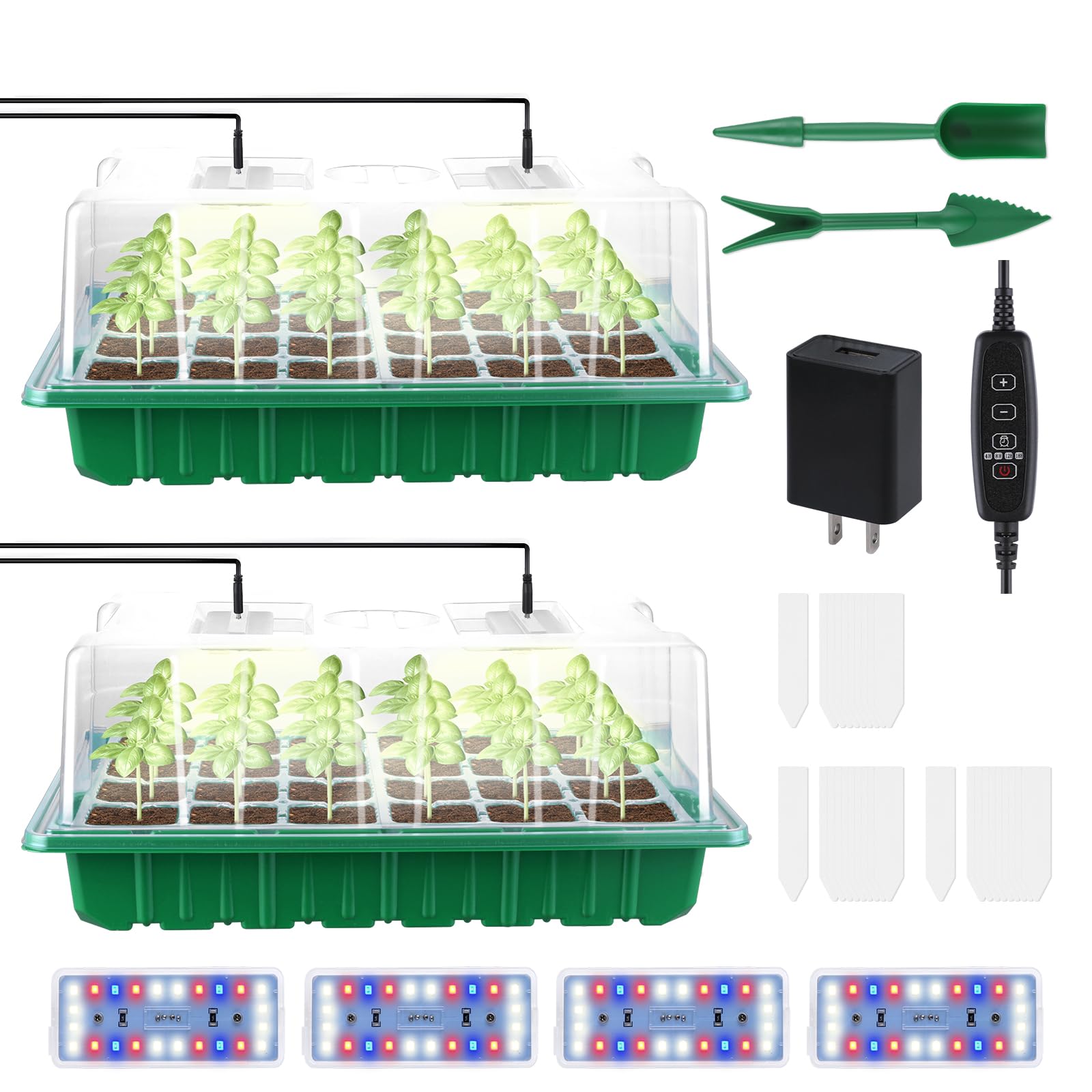 Photo 1 of 2 Packs Large Seed Starter Tray, Adjustable Brightness and Timer with 48 Full Spectrum LEDs, Seed Starter Kit with Drainage Holes, Tools and Labels for Indoor Plant Growing and Outdoor Gardening