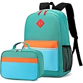 Yvechus Kids Backpack Lunch Box Set Elementary School Backpacks 5-9 Years for Boys and Girls with Chest Buckle (Set Lake Green Blue, Large-17 H)