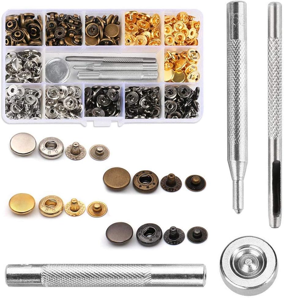 AILANDA 120 Set Leather Snap Fasteners Kit Press Studs Buttons Fasteners Kit Clothing Snaps kit No Sewing with 4 pcs Fixing Tools for Leather Jackets Jeans Coats Bags Repair DIY Craft 4 Colors