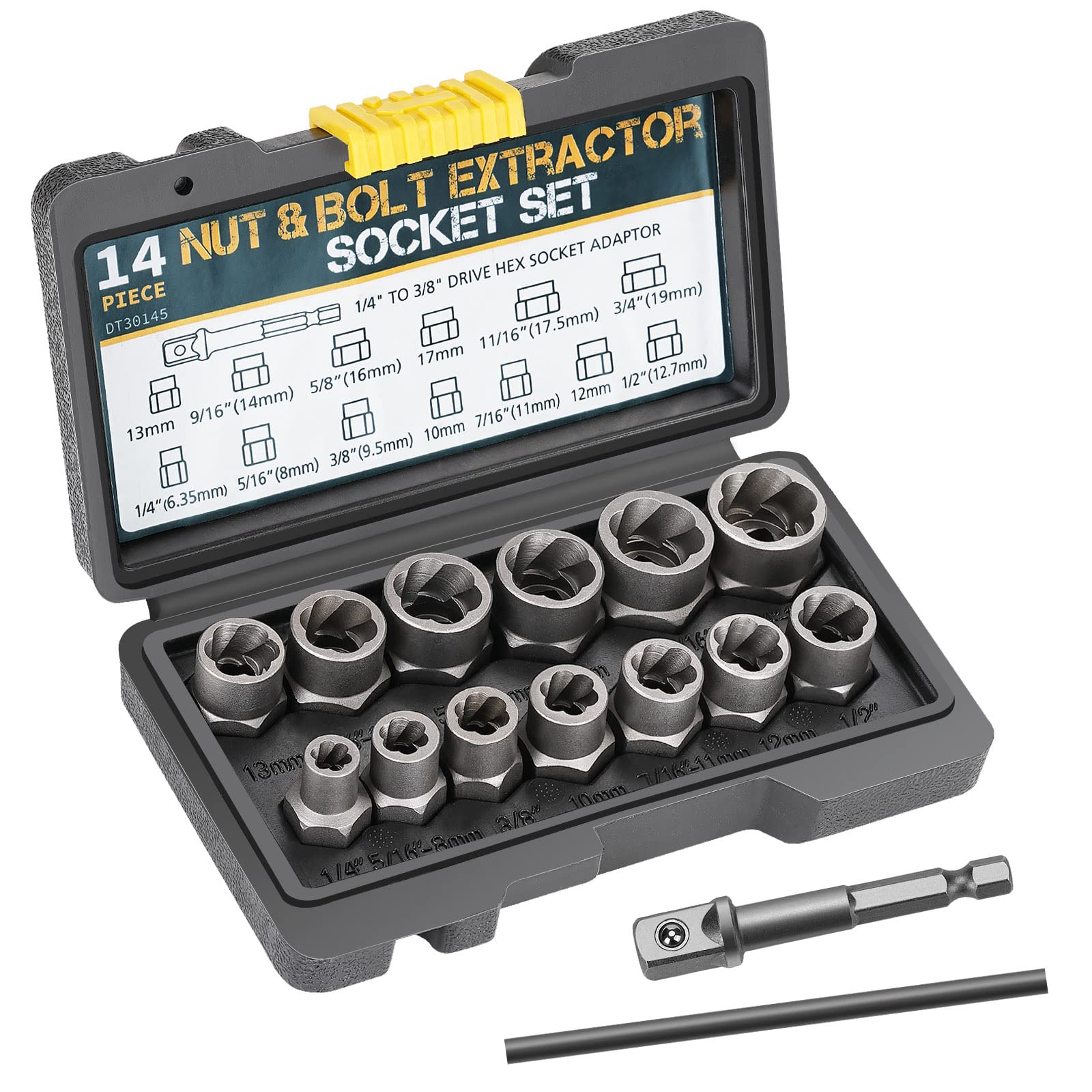 14pcs Locking Wheel Nut Removal Tool, Bolt Extractor Set, Drive Impact Bolt & Nut Extractor Set, with a 1/4" to 3/8" Drive Hex Socket Adapter for Stripped, Damaged, Rounded-Off, Rusted Bolts&Nuts