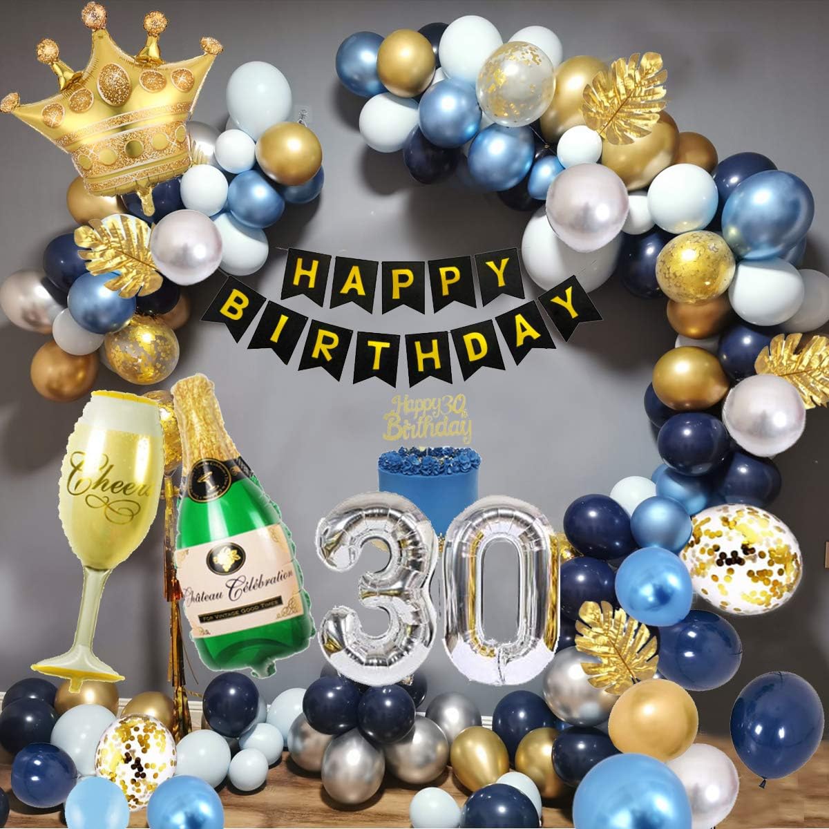 30th Birthday Decorations for Men, Blue Gold Party
