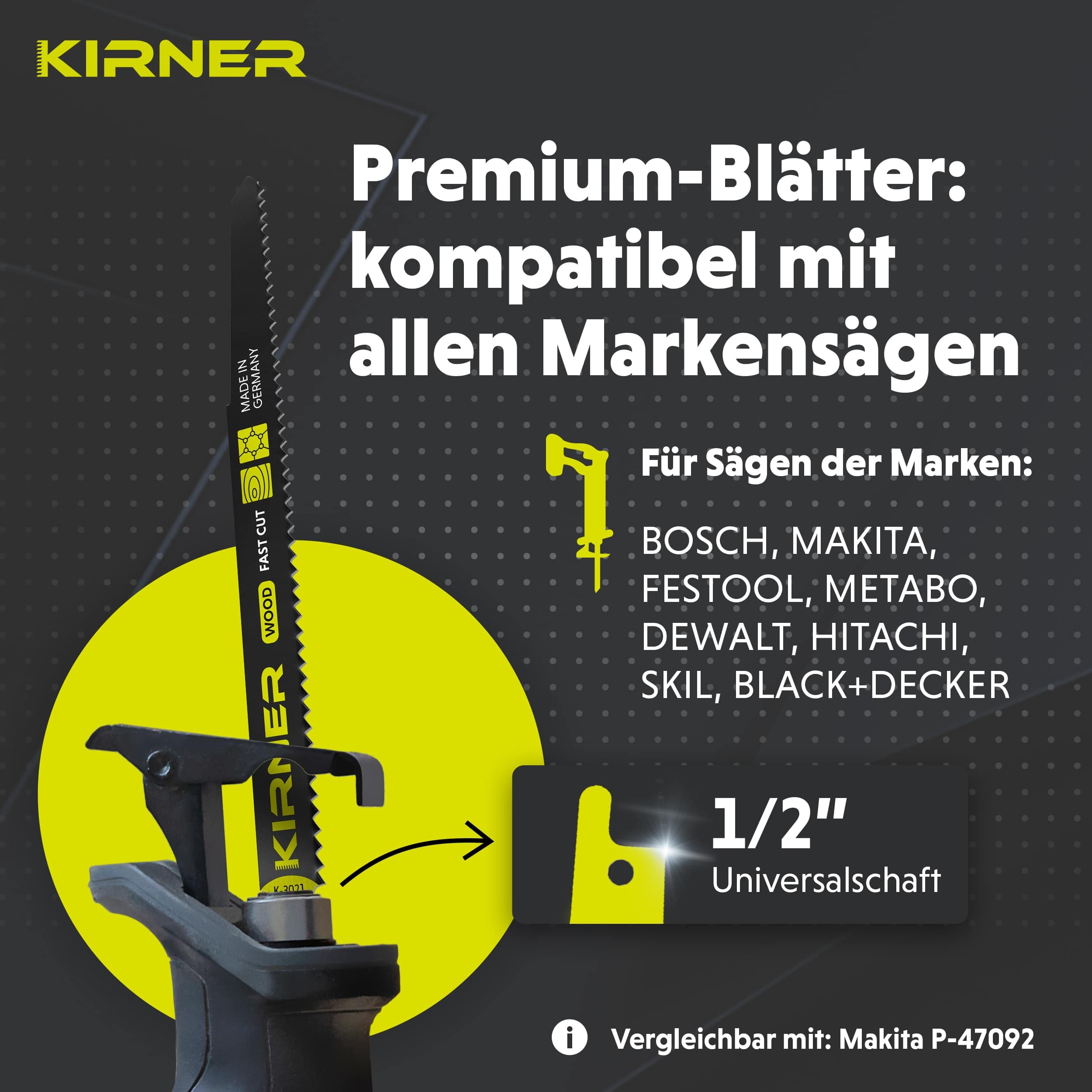 KIRNER Säbelsägeblätter Holz 225mm [ Extrem scharf & Langlebig ] 10er Pack Sägeblätter Säbelsäge inkl. Box - Reciprosägeblätter mit Universalaufnahme für alle Holz und Kunststoff 6-175mm 5