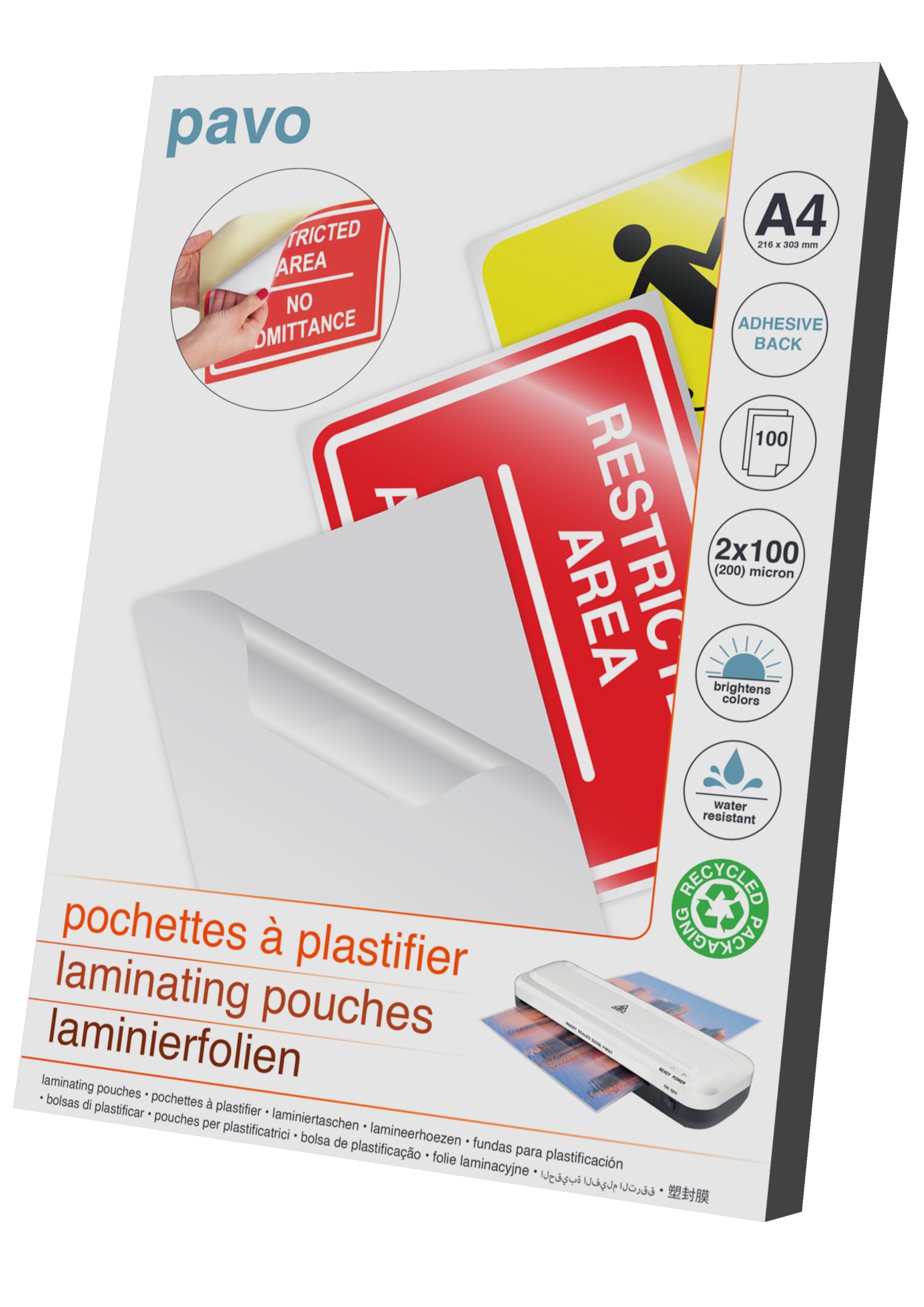 Pavo - Self-Adhesive Laminating Pouches A4 2x100 mic, Pack of 100 - Gloss