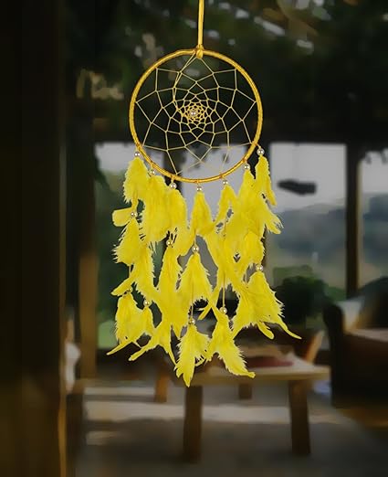 ILU Dreamcatcher Feng Shui Wind Chimes Handmade Beaded Size 16 cm Diameter Yellow