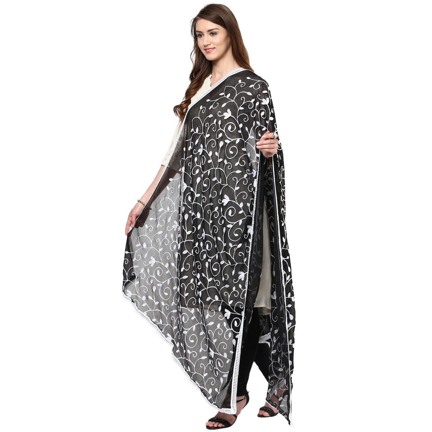 dupatta bazaar women's black n white embroidered chiffon dupatta