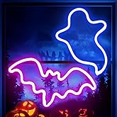 2 Pack Halloween Decoration LEDs Neon Sign Light Ghost Neon Sign Bat Lights Neon Signs Hanging Neon Signs for Halloween Party Decorations Indoor Home Window Decorations(Batteries Not Included)