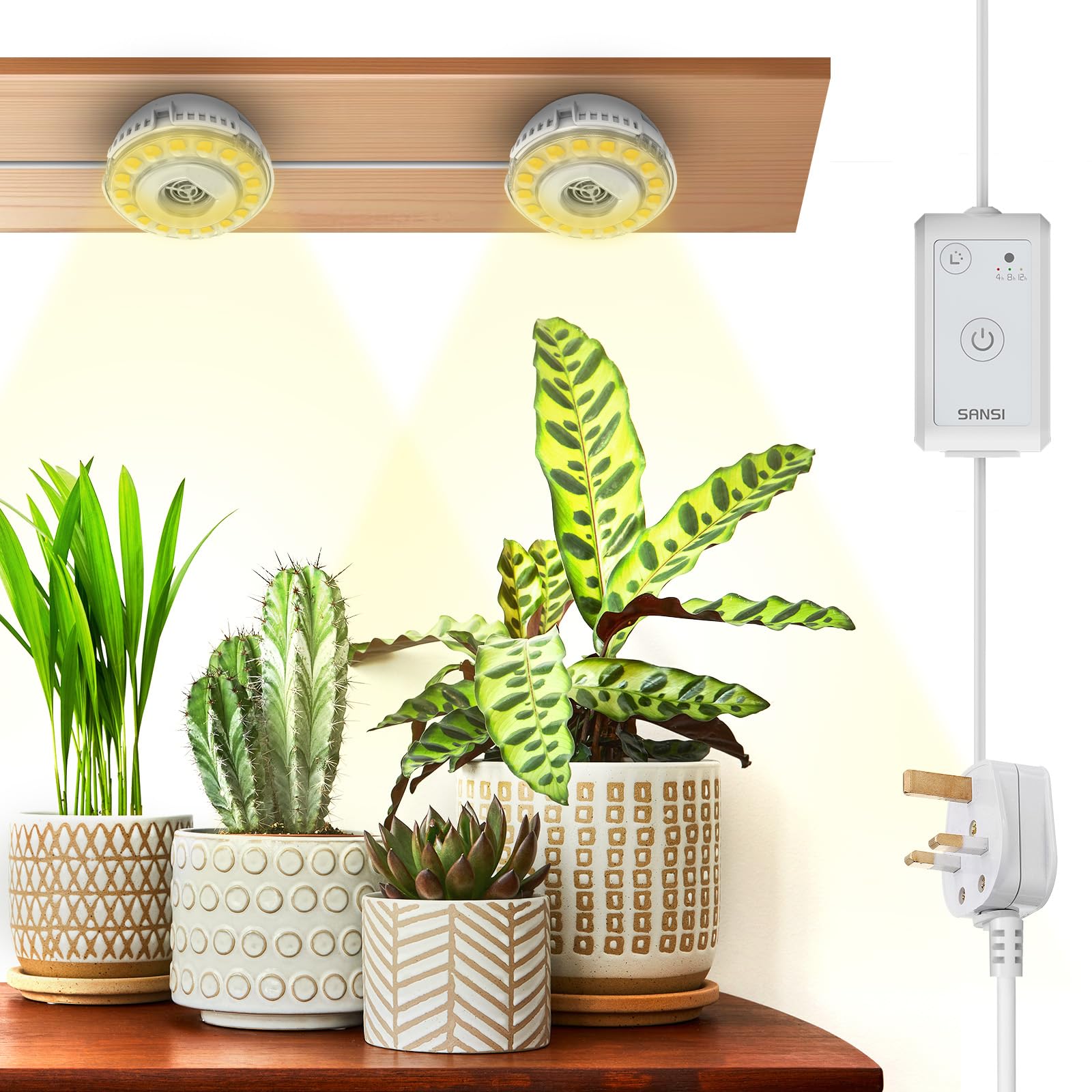SANSI 2-Head Stick on Grow Light for Indoor Plants, 10W (150W Equiv) Full Spectrum LED Plant Lamp with Single On/Off for Both Heads, 4-Level Dimming & Timer 4H/8H/12H, Ceramic Tech for Seedlings