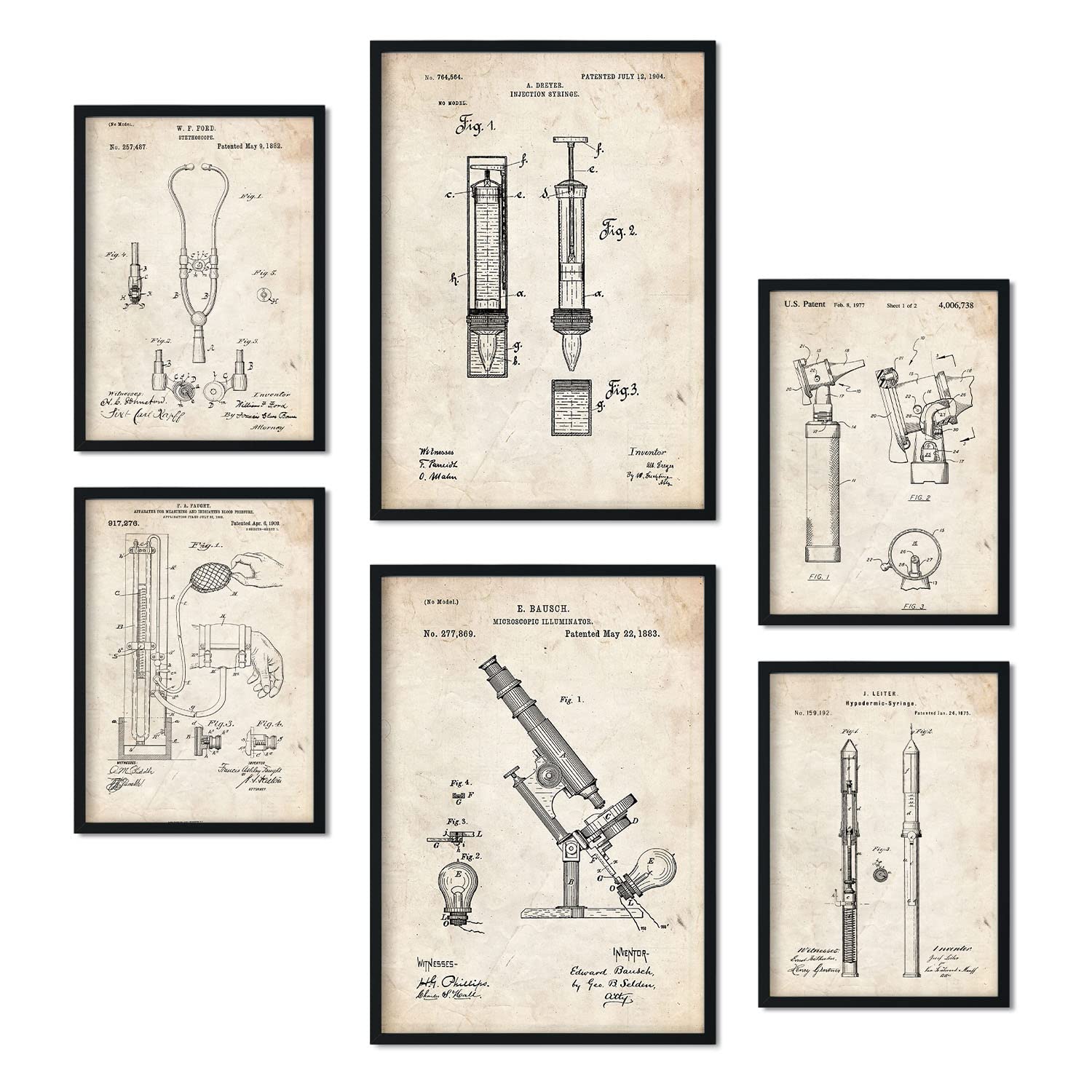 Nacnic Set of 6 Medicine patent prints. Posters with retro patent illustrations for your home, shop, office... Vintage style interior decoration. A4 and A3 sizes. No frame.