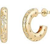 Chunky Gold Hoop Earrings – 18K Gold Plated Hoops with Moon & Star Celestial Details – Bold, Lightweight Earrings for Women by Malibu Sunday
