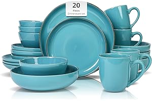 Home VSS 20-Piece Nordic Ceramic Dinnerware Set - Raised Rim Tableware Collection with 4-Person Plates & Bowls, Shiny Turquoi