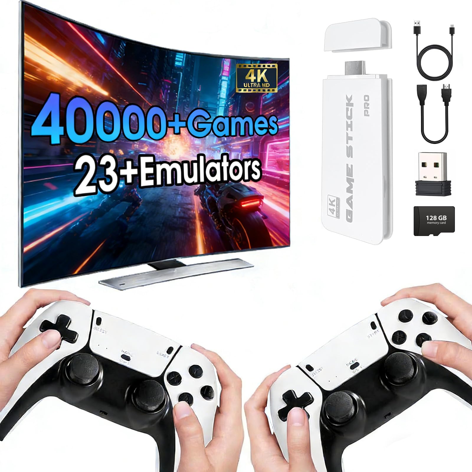 Photo 1 of 2026 New Wireless Retro Game Console, 23 Emulators and 40000+Games, Plug and Play 4K HDMI TV Game Stick, with Dual 2.4G Wireless Controllers (White)