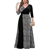 ZOMVA Plus Size Women's Velvet Splice Sparkly Maxi Dress 3/4 Sleeve V-Neck Wrap A-line Dresses Formal Evening Cocktail