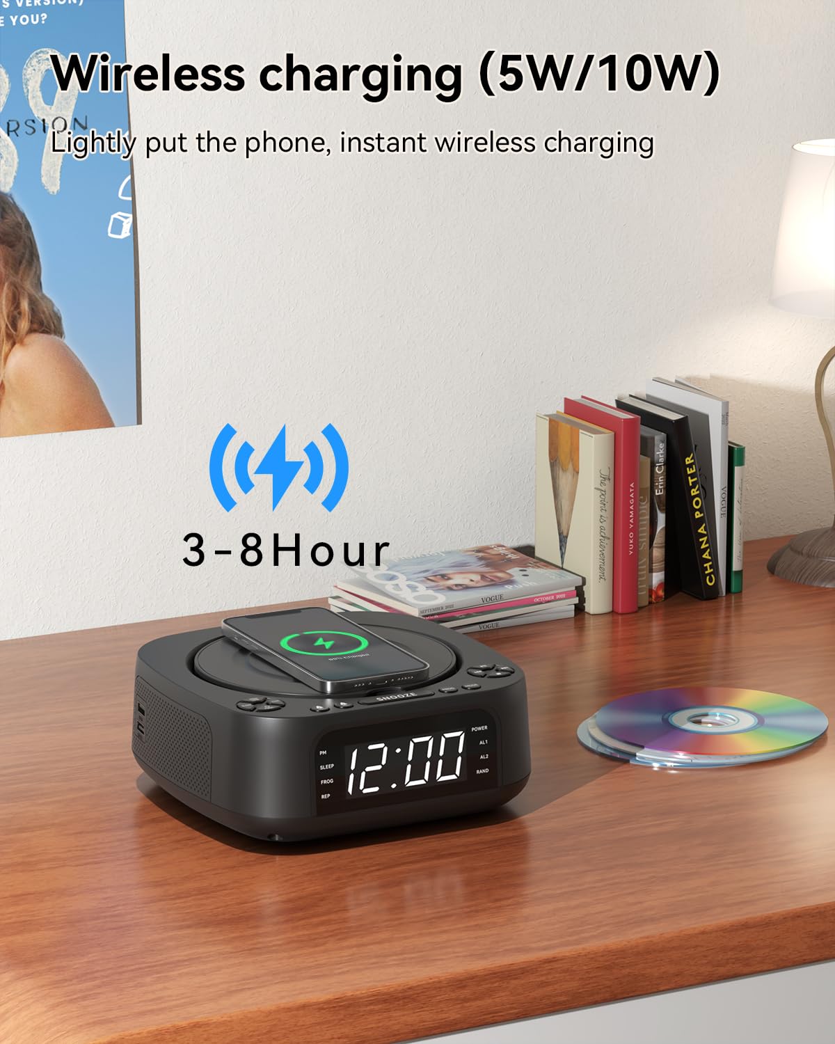 CD Player Portable,MONODEAL CD Players for Home,Desktop Portable CD Player with Bluetooth Speakers,Wireless Charging,Alarm Clock,SleepTimer,Supports CD/Bluetooth/FM Radio/USB Drive/AUX,Remote Control