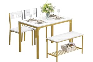 SDHYL Dining Table Set,Two Chairs and One Bench 4 Pieces Set Wooden Table Top with Metal Legs for Breakfast in Living Room, Kitchen Room, Dining Room,Space Saving Kitchen Table Set,Rustic Brown