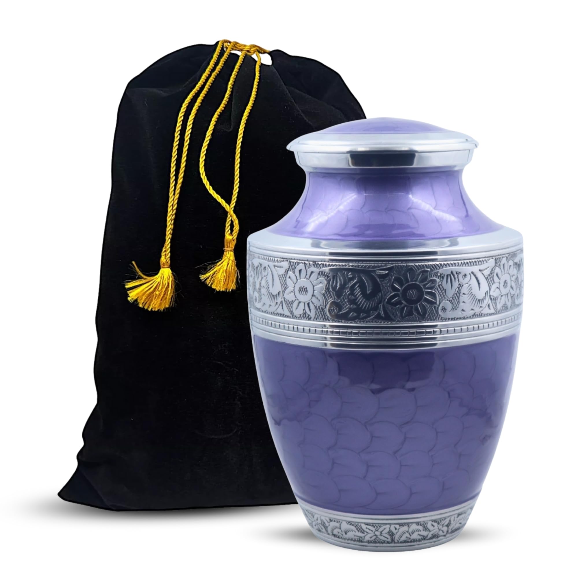 Silver Engraved Cremation Urn for Human Ashes - Large Adult Funeral Burial Urn Handcrafted (7" x 7" x 10" - 200 lbs or 90 kg, Pearl Purple) - Bag Included — image 1
