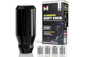 Mega Racer Premium Black Gear Stick Shift Knob – Cool JDM Style Aluminum Shifter Knob, Fits 4/5/6 Speed Manual & Buttonless Automatic Cars, Includes 4 Metal Threaded Adapters (M8, M10x1.25, M12x1.25)