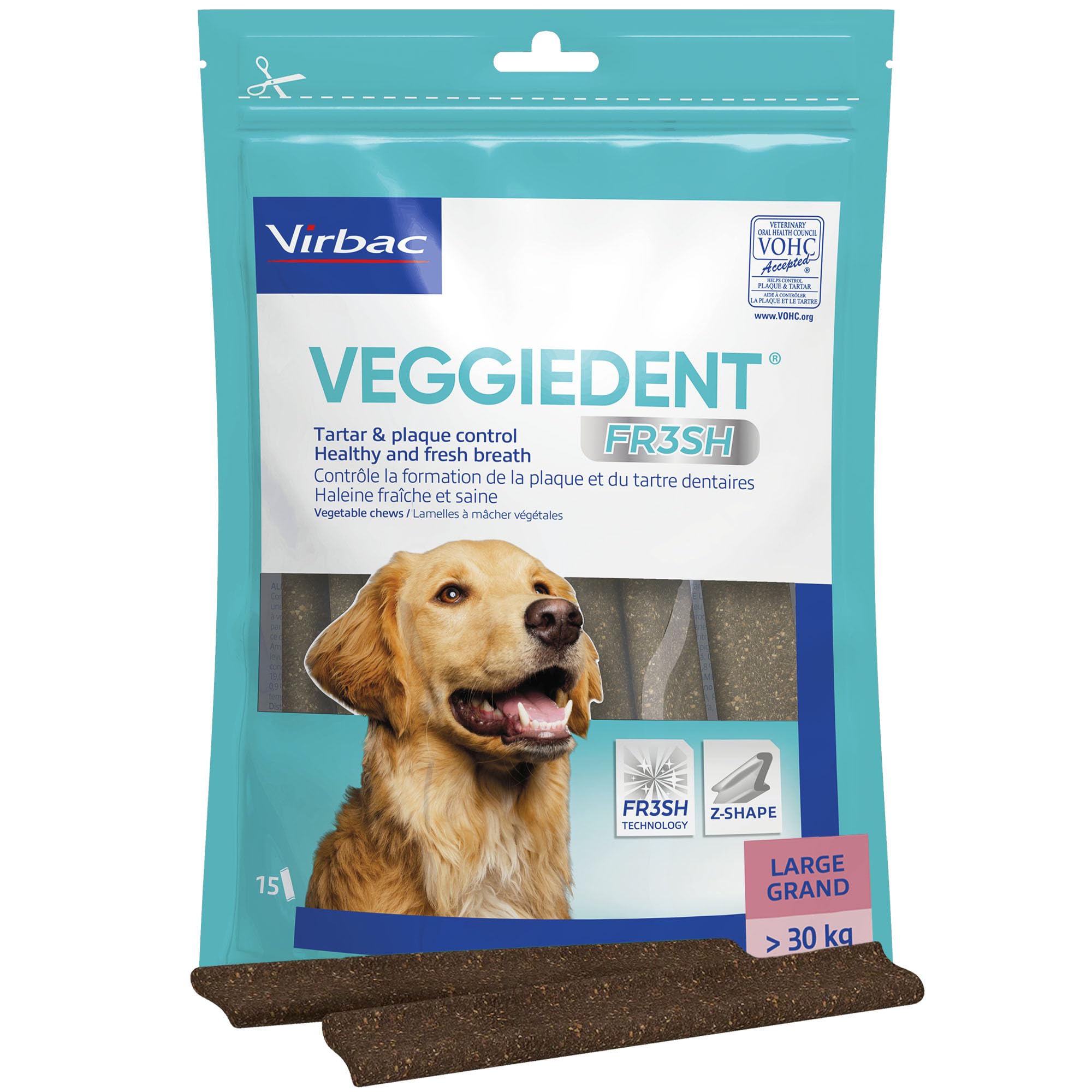 Virbac Veggiedent FR3SH Dog Dental Chews - Dog Teeth Cleaning and Breath Freshening Treats for Large Size Pets and Puppies >30kg - 15 Chews