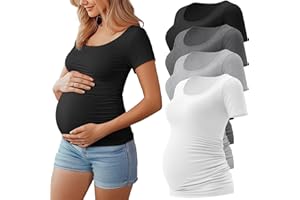 Huukeay 4 Pack Women's Maternity Shirts Scoop Neck Maternity Top Short Sleeve Casual Cotton Tee Side Ruched Pregnancy Clothes