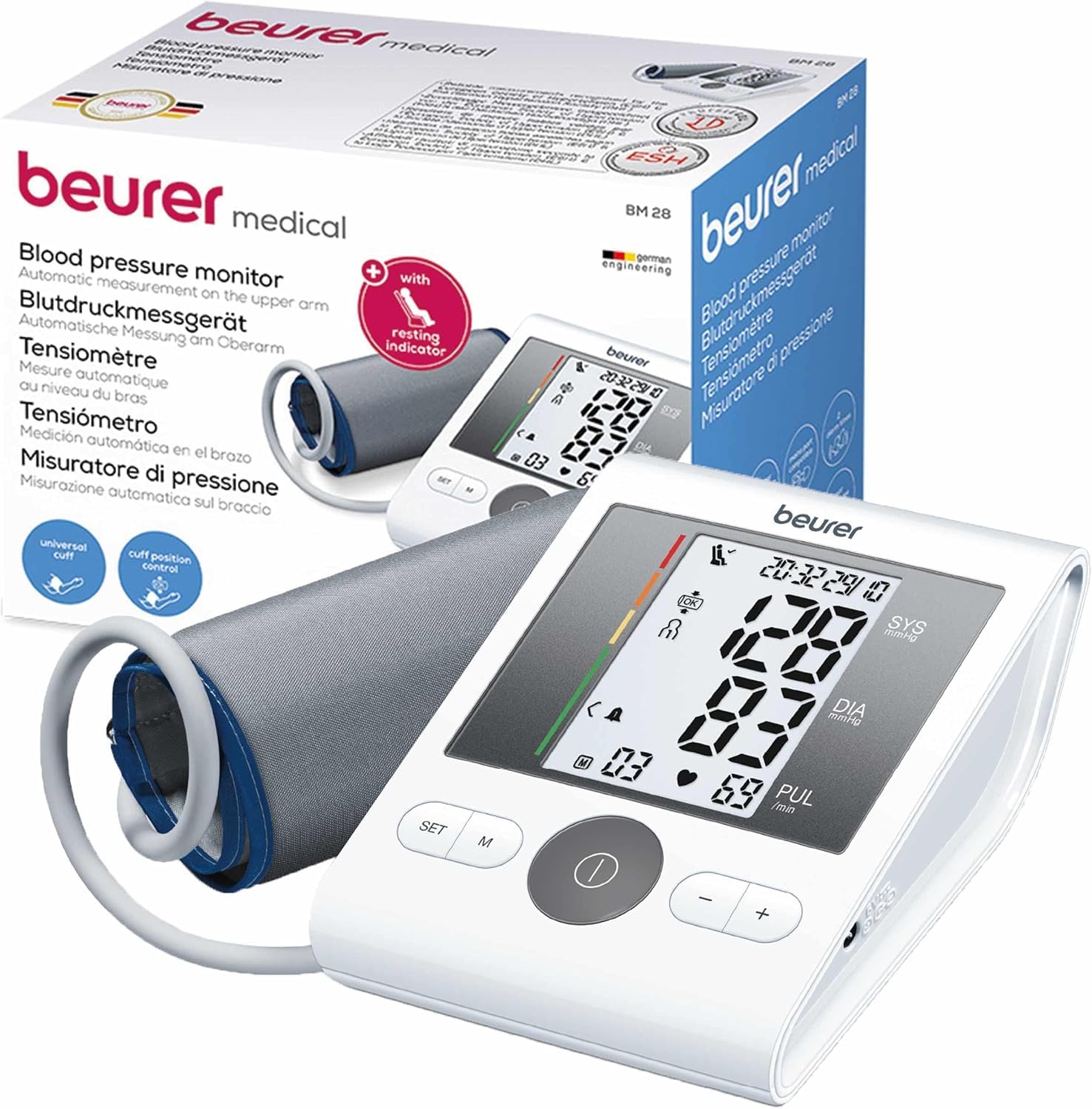Beurer BM28 Upper Arm Blood Pressure Monitor with Patented Resting Indicator for Accuracy, Cuff Position Assistance and Colour-Coded Risk Indicator