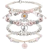 DS 4PCS Beaded Charm Bracelets for Teen Girls Dainty cute cartoon Crystal Beads Pearl Bracelets anklets set for woman and girls Adjustable Stretch bracelet birthday Gift For Friends