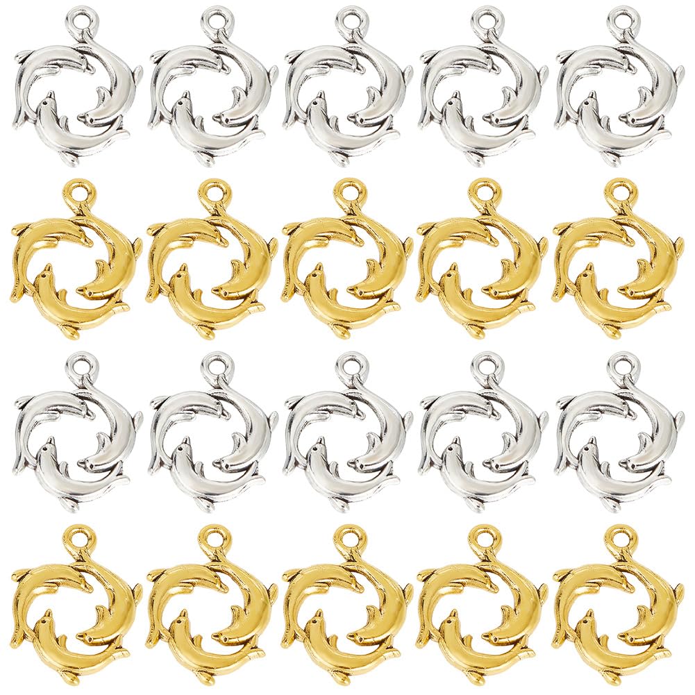 SUNNYCLUE 1 Box 60Pcs Dolphin Charms Bulk Silver Dolphin Charm Fish Silver Gold 3d Peace Love Summer Ocean Sea Alloy Animal Charm for jewellery Making Charms Findings DIY Necklace Earring Adults Craft
