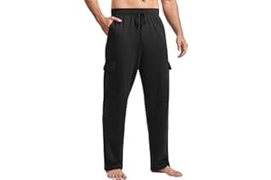 PINSPARK Men's Cargo Sweatpants with Pockets Open Bottom Baggy Cotton Jogger Sweatpants Uncuffed Lounge Pants Straight Leg