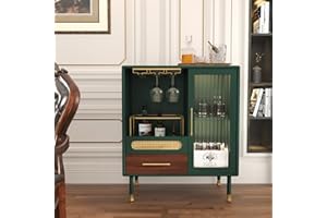 ARTPOWER Modern Coffee Bar Cabinet with Wine Glass Rack and Drawers, Green Liquor Cabinet with Pull-Out Wine Storage for Kitchen, Dining Room, Living Room