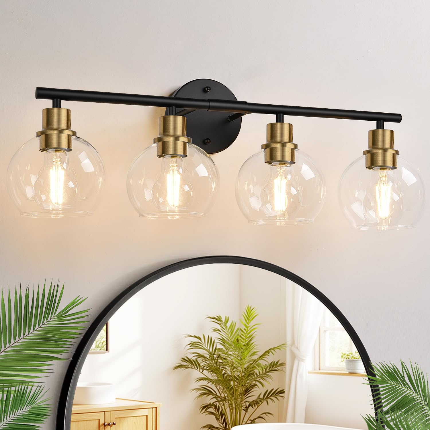 Photo 1 of 2025 Upgrade 4-Light Bathroom Light Fixtures, Black and Gold Bathroom Lights Over Mirror with Clear Glass Globe Shade, Vanity Lights for Bathroom Kitchen Living Room Hallway Cabinet Bedroom Porch