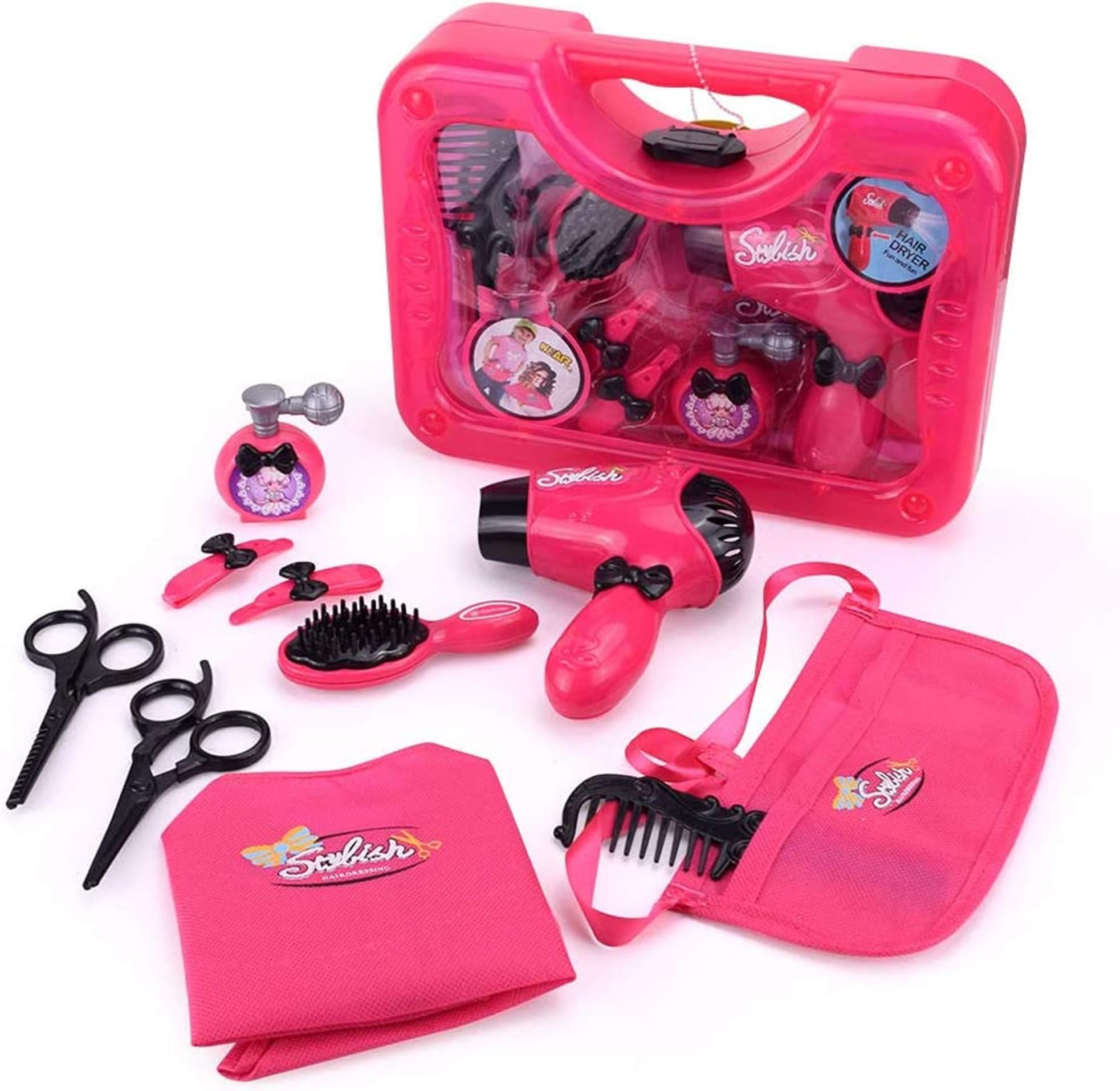 Qukueoy Kids Hairdresser Set Beauty Salon Toys 11 Pieces,Hair Stylist Makeup Kit for Little Girl Pretend Play,Imitation Hair Dryer,Apron,Combs and More