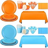 Sieral 142 Pieces Orange and Blue Paper Plates and Napkins Cups Forks Knives Spoons Disposable Tablecloth Complete Tableware Pack for Dog Birthday Party Supplies