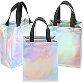 Ronvir 30 Pcs Iridescent Glossy Gift Bags Bulk,8x4x10 inch Non Woven Holographic Reusable Party Favors Bags for Birthday, Christmas, Goodie,Wedding, Holiday, with Handles & Sturdy Base - Medium