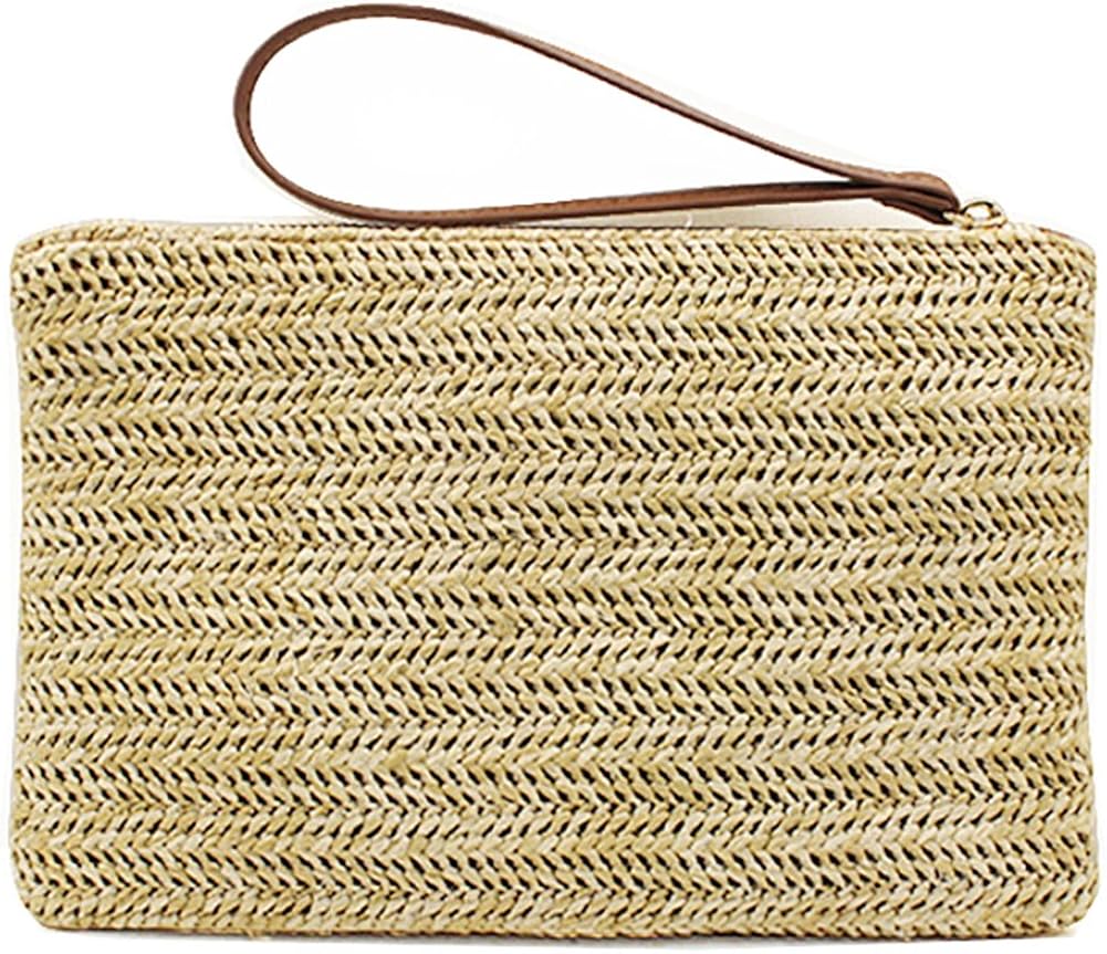 Hycurey Straw Zipper Clutch Bag Bohemian Wristlet Womens Summer Beach