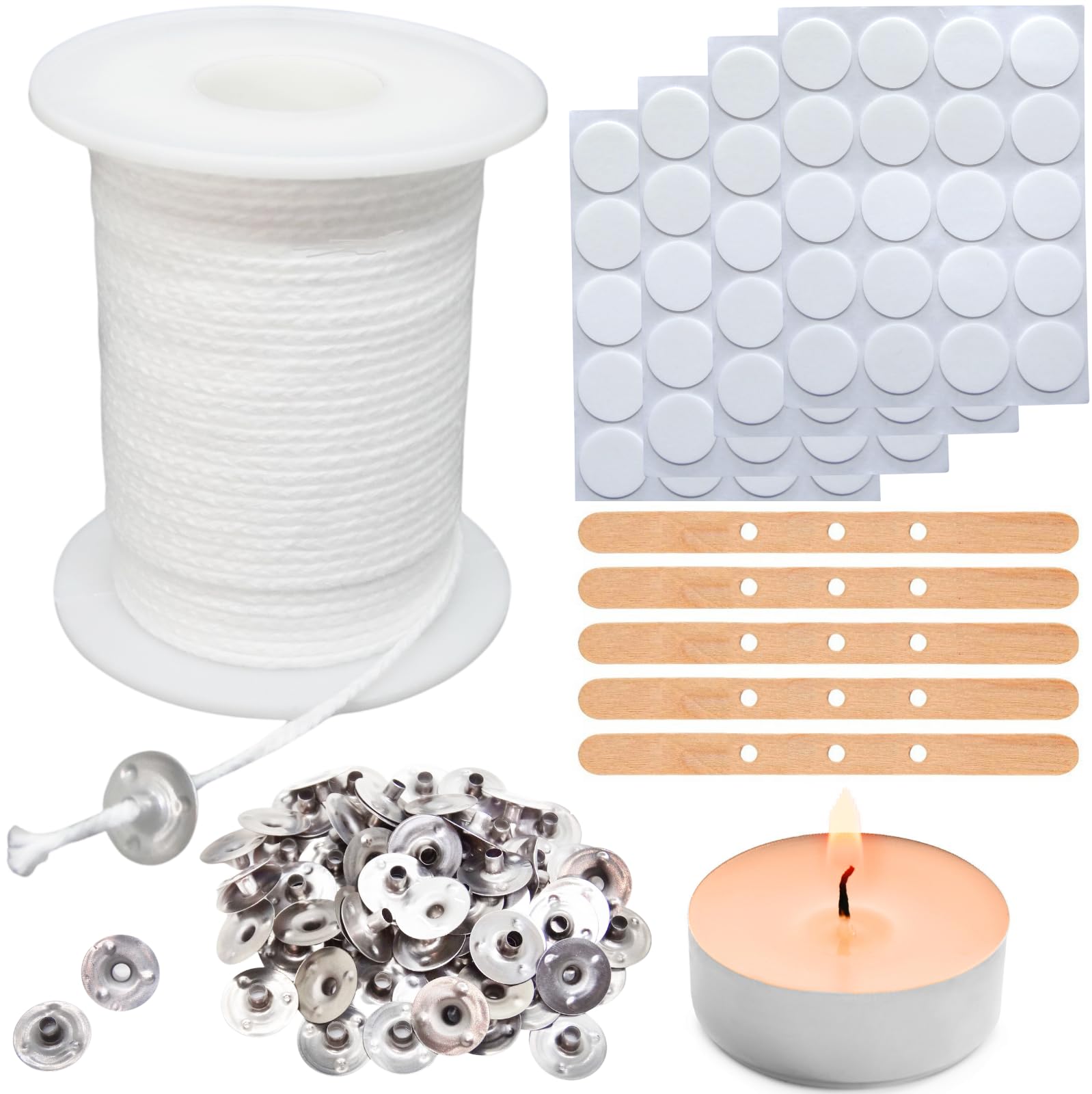 Photo 1 of ?270 Feet? Candle Wick Roll with 125 Pcs Metal Candle Wick Sustainer Tabs, 80Pcs Candle Wick Stickers and 5Pcs Wooden Candle Wick Centering Device, 82m Cotton Candle Wicks for Candle Making Kit