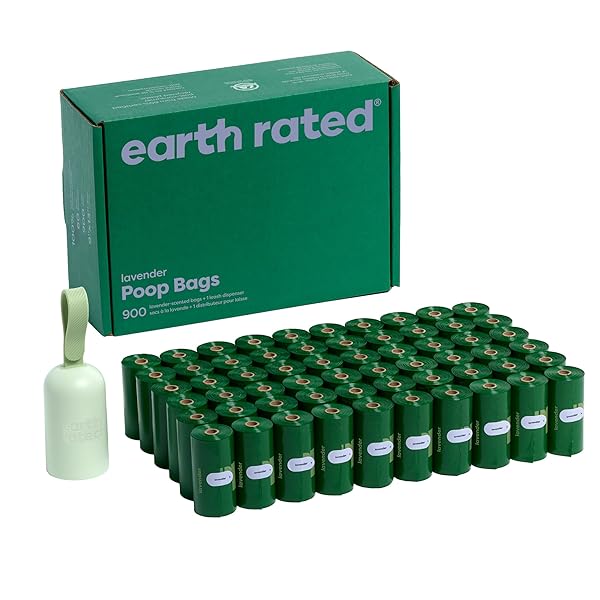 EARTH RATED DOG POOP BAG HOLDER WITH BAGS, DURABLE AND GUARANTEED LEAKPROOF, LAVENDER SCENTED, 1 DISPENSER AND 900 COUNT