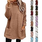 tobchonp Long Sweaters for Women Cozy Fuzzy Turtleneck Sweater Fleece Sherpa Pullover Fall Mock Neck Sweatshirt With Pockets