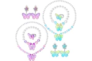 BAOBAOJOY 2 Sets Princess Jewelry for Little Girls, Butterfly Kids Jewelry Set, Stretch Necklace Bracelets, Rings and Clip on Earrings Perfect for Dress Up, Birthday Parties