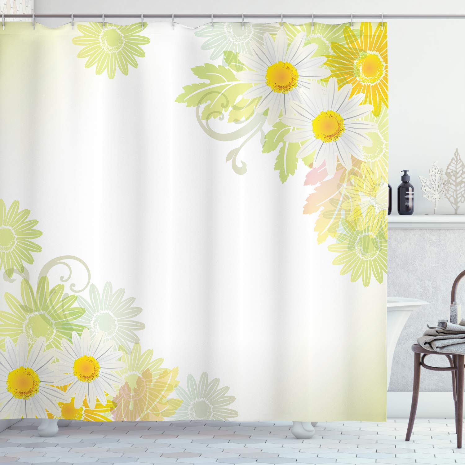 ABAKUHAUS Flower Shower Curtain, Floral Daisies Abstract Oriental Details and Leaves with Sun Like Art Print, Cloth Fabric Bathroom Decor Set with Hooks, 86 Inches Extra Long, White and Yellow