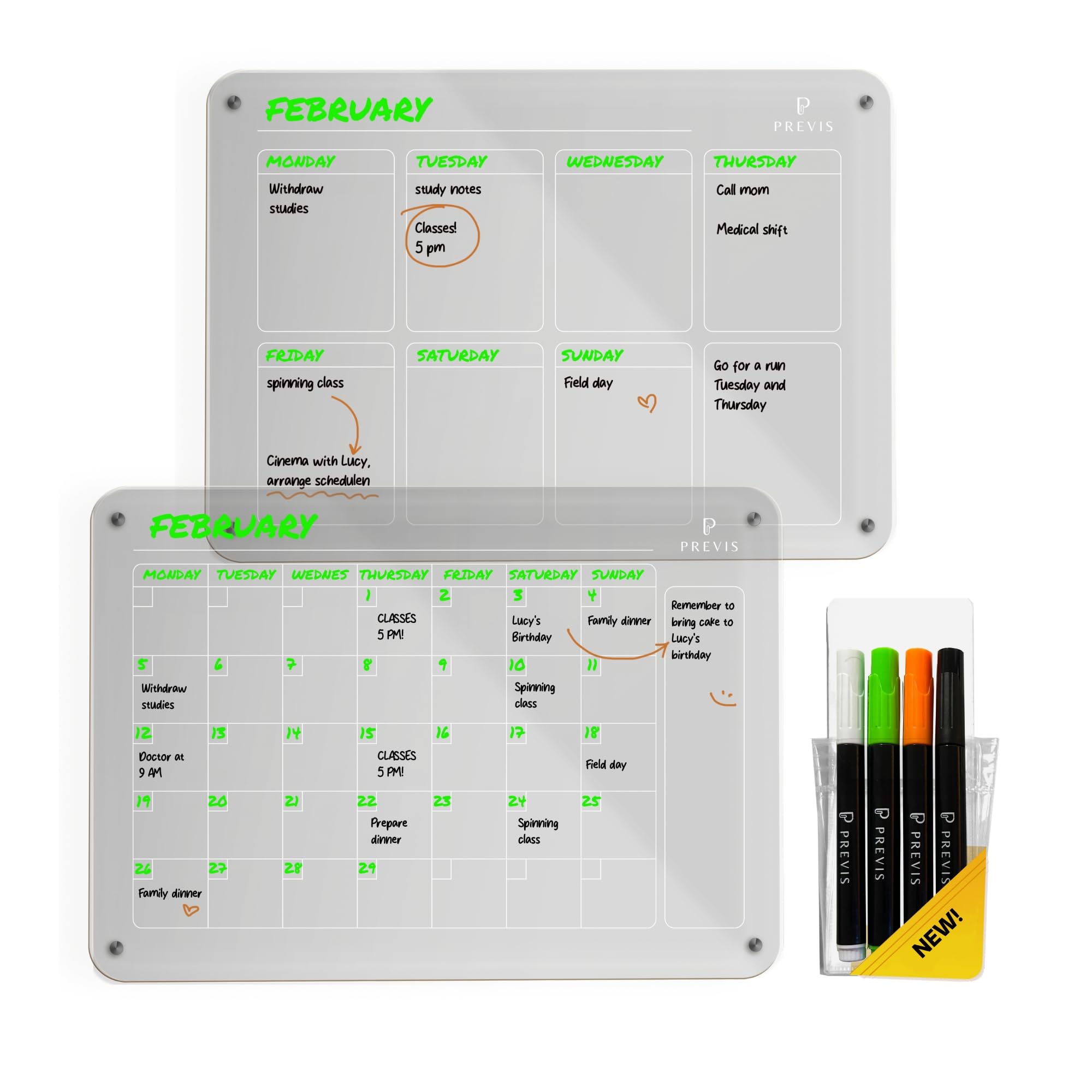 PREVIS Brand 2 x Transparent Fridge Magnetic Calendar (Monthly+Weekly) A3 (30 x 40 cm) with 4 Premium Markers – 2 Transparent Fridge Planner – Ideal for Minimalist Organization — image 1