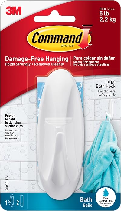 Command 17083B Large Hook with Water Resistant Strips Pack of 2 Bathroom Use