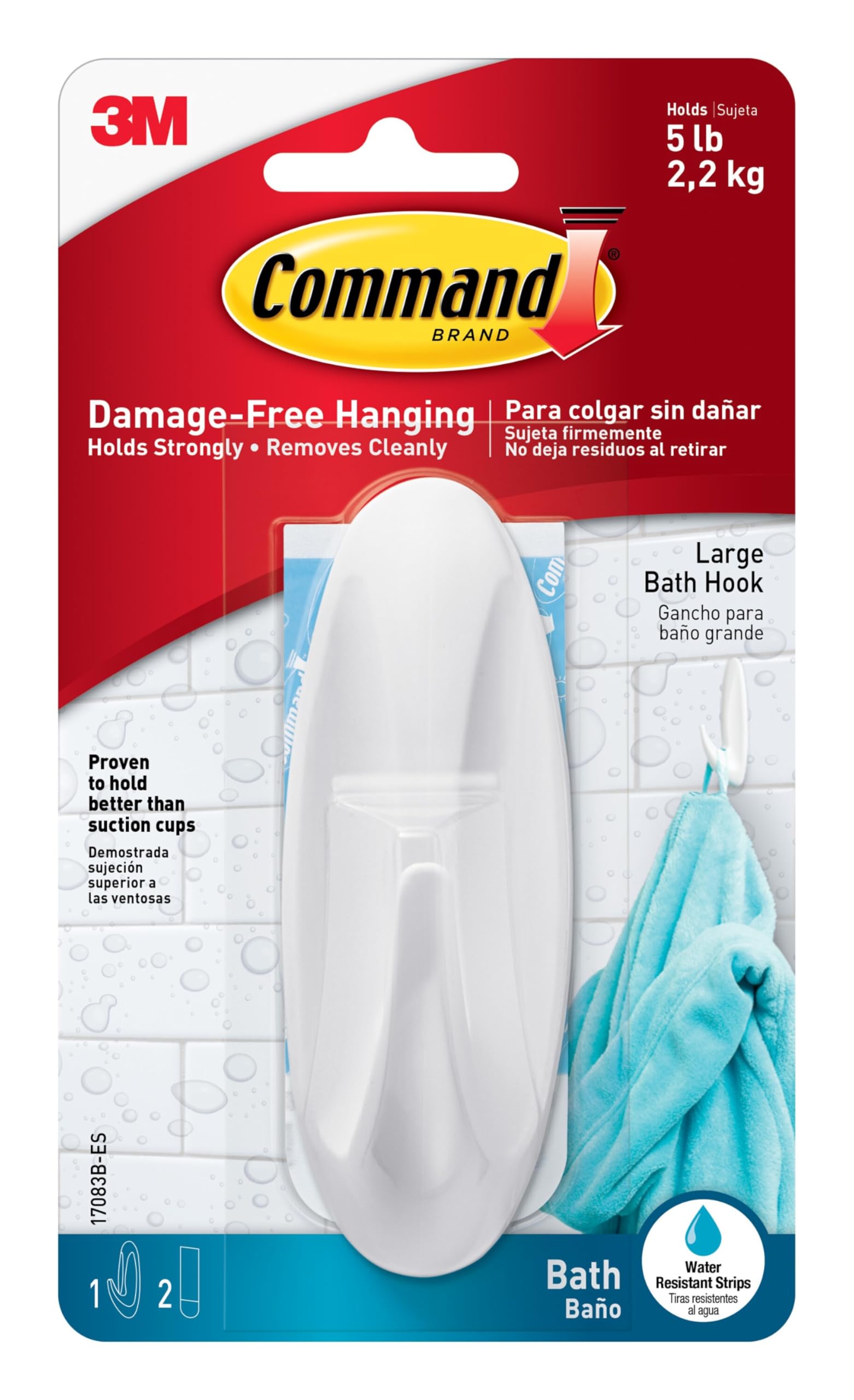 Command 17083B Large Hook with Water Resistant Strips (Pack of 2, 1 Hook and 2 Large Adhesive Strips Each)