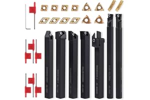 Gluwoer Indexable Lathe Turning Tool 3/8" 10mm Shank 21PCS Kit-7PCS Metal Lathe Tools Holder 14PCS Carbide Insert for Turning Boring Grooving Cutting Threading